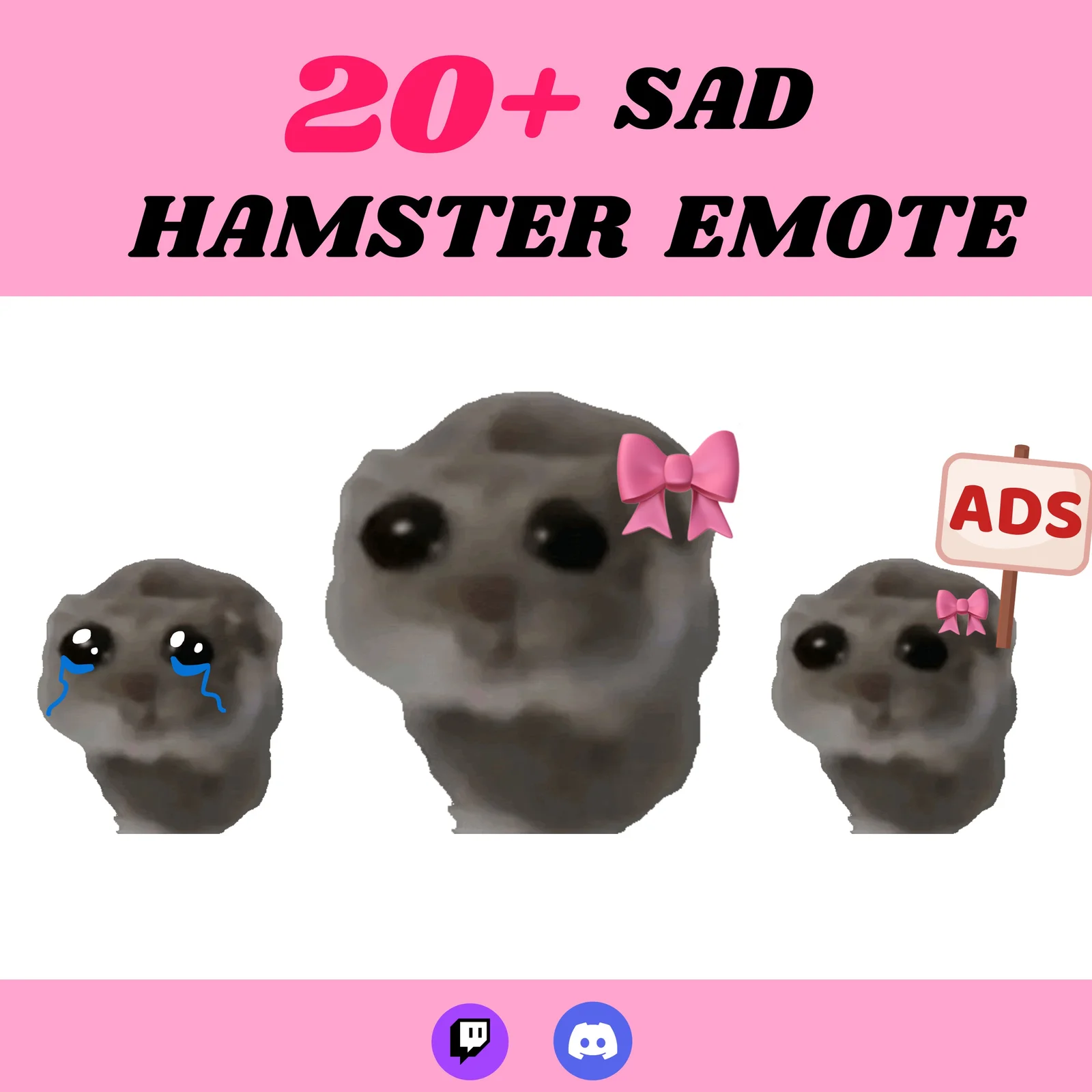 A digital meme compilation featuring three grey hamster emotes with comically large eyes in various poses against pink background with text '20+ SAD HAMSTER