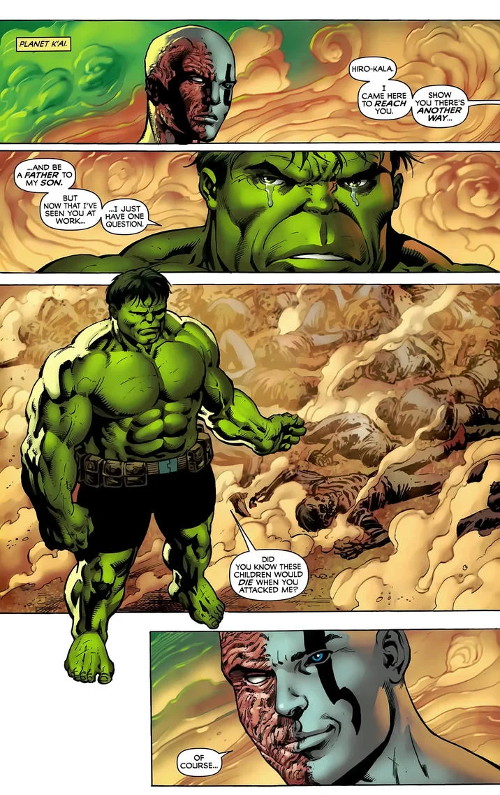 Sad Hulk — Comic book page from Incredible Hulk #611 showing Hulk crying while confronting Hiro-Kala