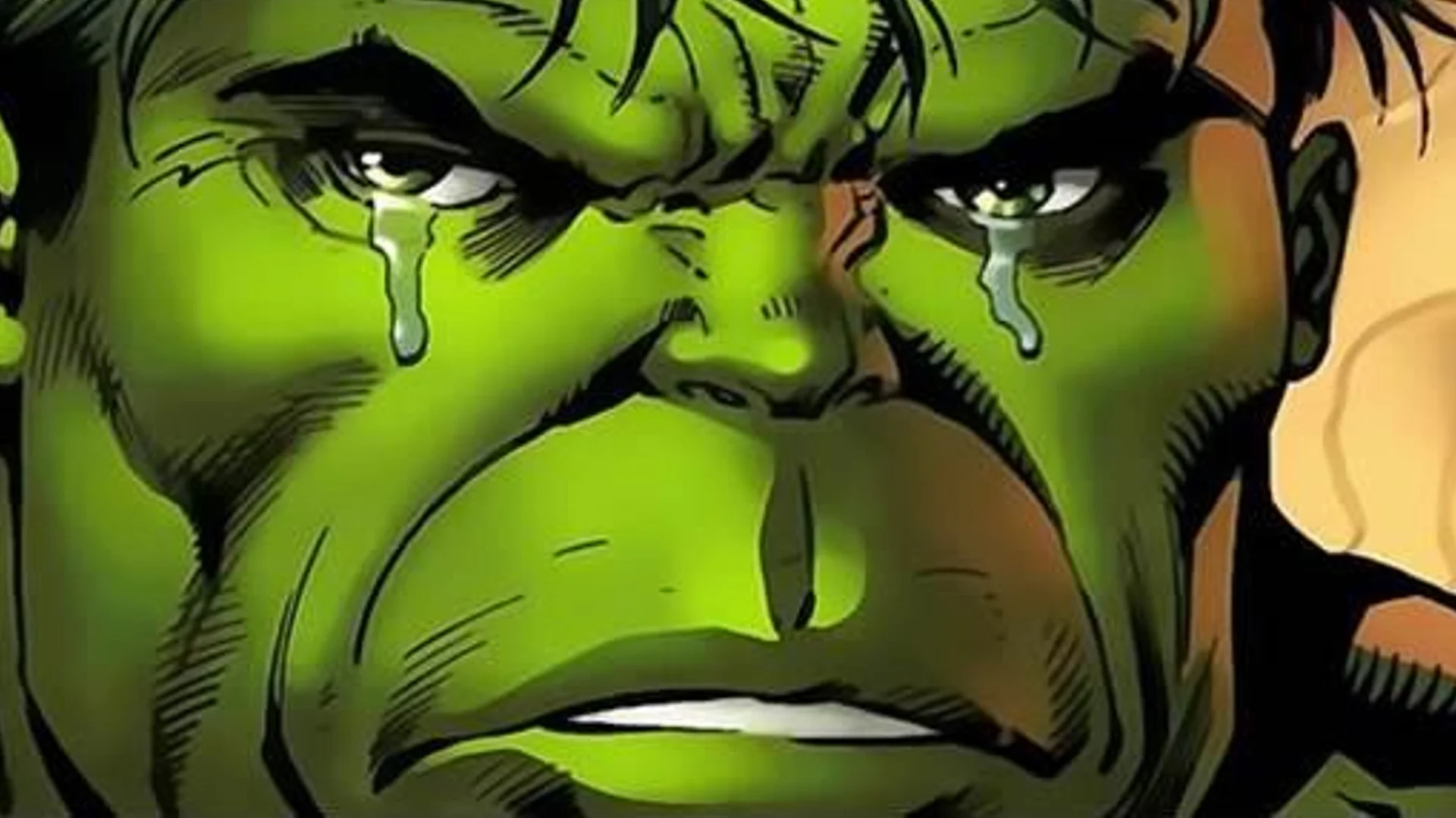 Sad Hulk — Close-up comic illustration of the Hulk with tears streaming down his green face