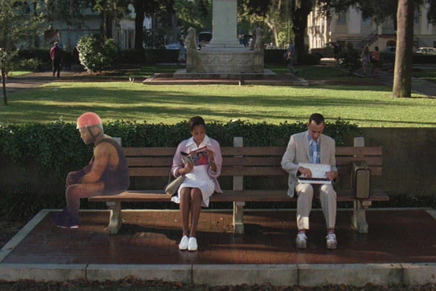 Sad Kanye photoshopped onto the Forrest Gump park bench scene