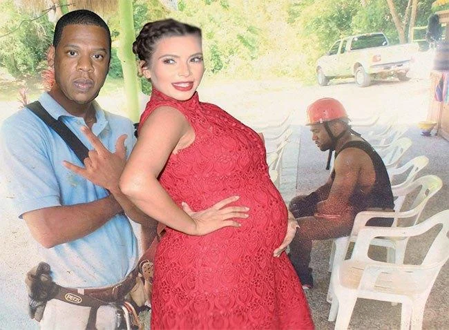 Jay-Z and pregnant woman in a red dress photoshopped in front of the original Sad Kanye scene