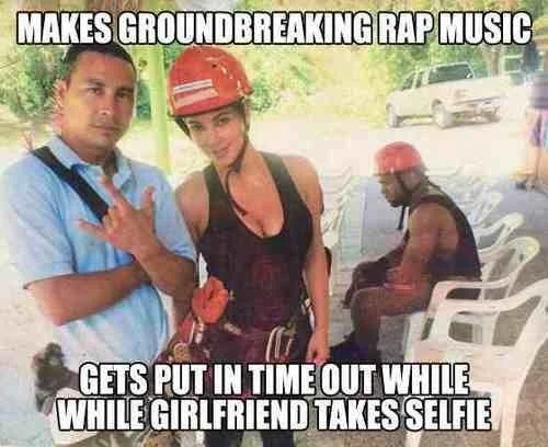 Sad Kanye image macro with Impact font text joking about him being in time out while Kim takes a selfie