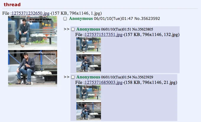 Screenshot of a 4chan thread featuring the Sad Keanu photograph and anonymous replies.