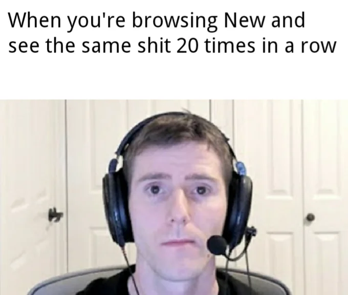 Sad Linus — Linus Sebastian in headphones with melancholic expression paired with text about seeing repetitive content while browsing Reddit.