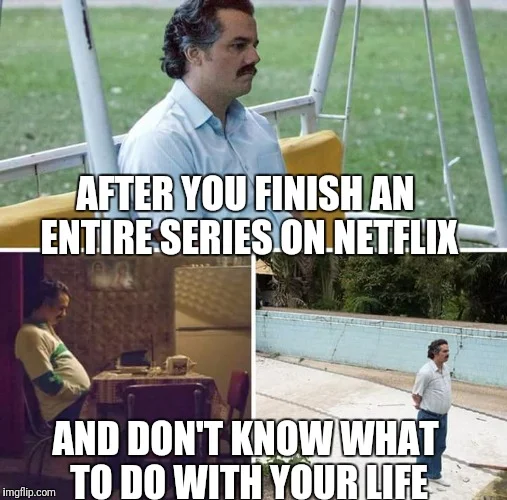 Sad Pablo Escobar — Four-panel format with disappointed Pablo expressing emptiness after finishing an entire Netflix series with text about existential crisis.
