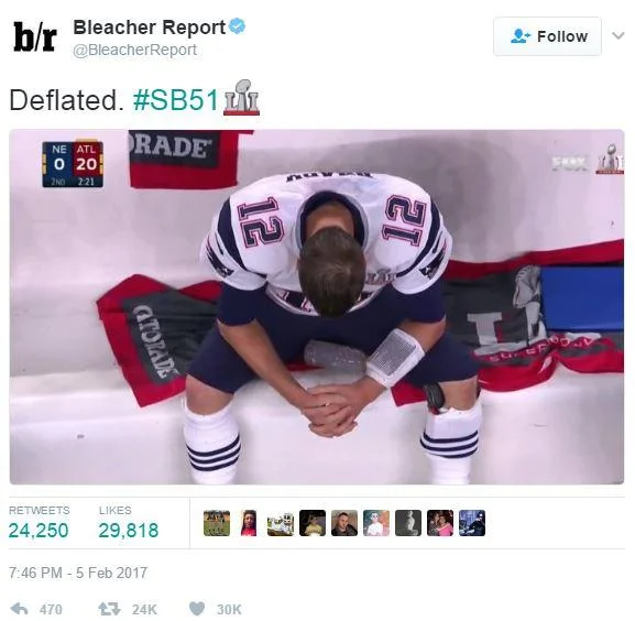 Bleacher Report tweet captioned 'Deflated. #SB51' with sad Tom Brady image on bench