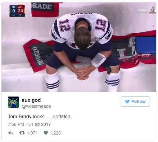 Sad Tom Brady — Tweet from @woeismeade with caption 'Tom Brady looks..... deflated.' showing Brady slumped on bench