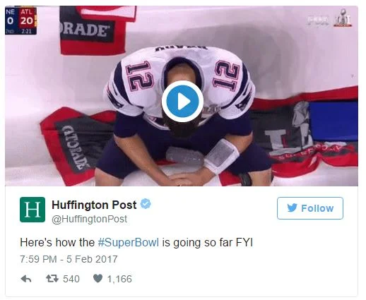 Huffington Post tweet showing sad Tom Brady video clip with Super Bowl commentary
