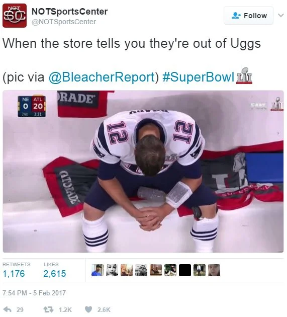 NOTSportsCenter tweet joking about being out of Uggs with sad Tom Brady image