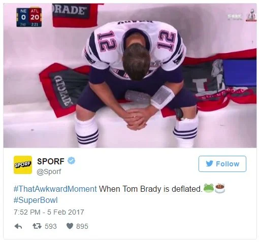 Sad Tom Brady — SPORF tweet joking about Tom Brady being deflated during the Super Bowl