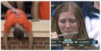 Side-by-side collage comparing Sad Virginia Fan at Notre Dame game on left with crying woman at basketball game with Villanova scoreline on right.