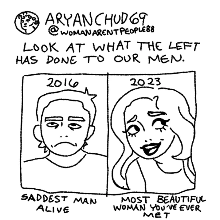 Social media repost of the Saddest Man Alive cartoon captioned 'Look at what the left has done to our men.' by user aryanchud69.