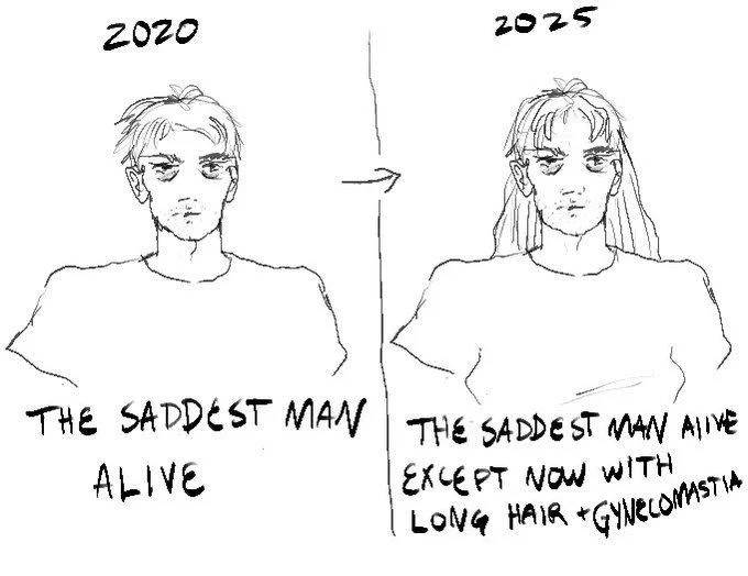 Saddest Man Alive — Meme remix showing an identical sad man in 2020 and 2025, the later version with long hair and gynecomastia.