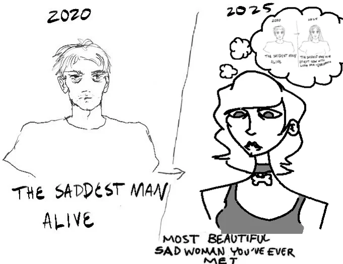 Saddest Man Alive — Meme remix with a sad man in 2020 becoming a sad woman in 2025 who is thinking about a previous meme panel.