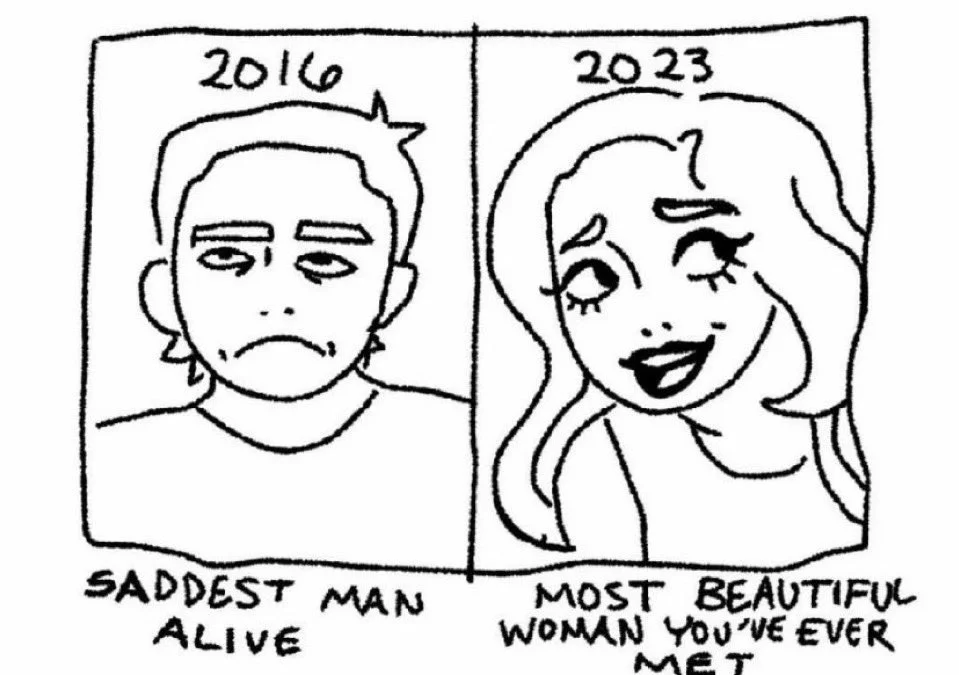 Meme remix showing the same sad man twice, labeled 2016 and 2026, both captioned 'Saddest Man Alive'.