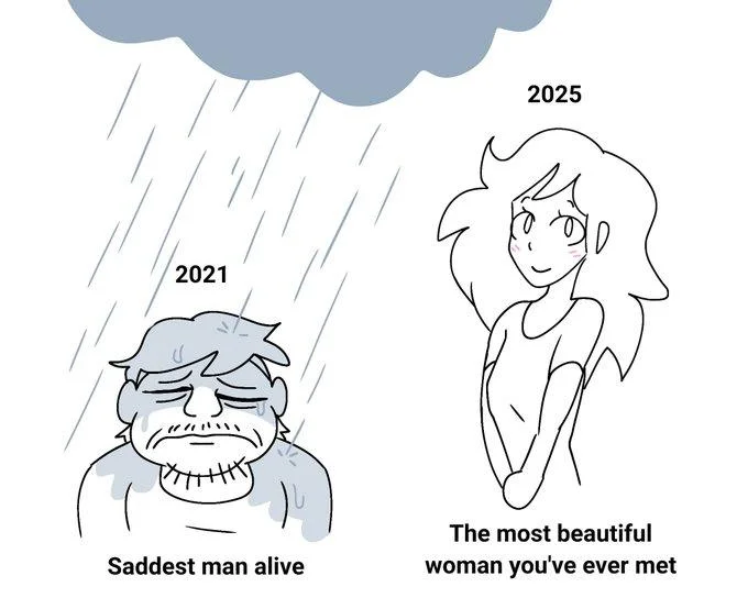 Saddest Man Alive — Meme remix with a crying bearded man under a raincloud labeled 2021 next to a smiling long-haired woman labeled 2025.