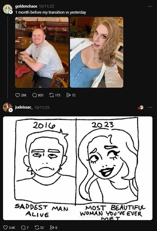 Threads post juxtaposing a real trans woman's pre- and post-transition photos with the Saddest Man Alive cartoon reply.