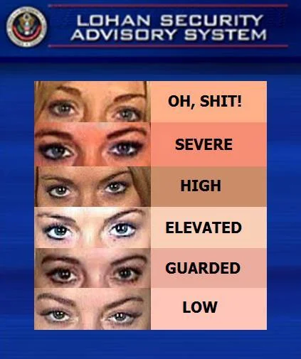 Safety Instruction Parodies — Parody Homeland Security advisory chart using Lindsay Lohan's eyes at each threat level
