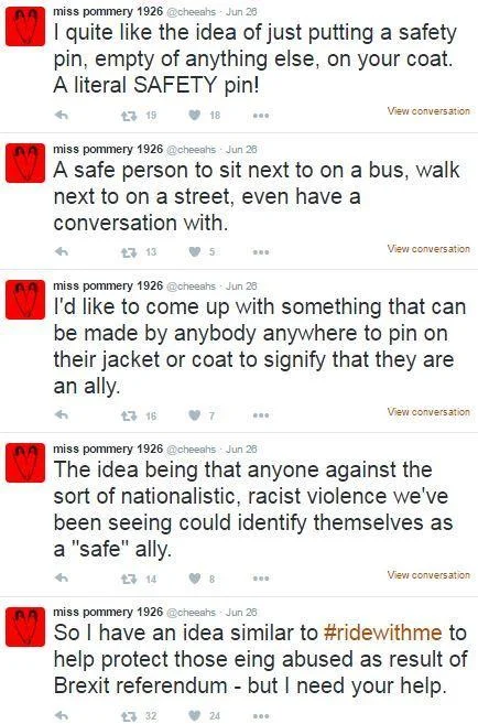 #SafetyPin — Screenshot of five tweets from miss pommery 1926 proposing the safety pin ally movement