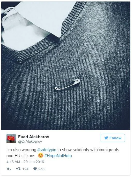 #SafetyPin — Black and white photo of a safety pin on a grey sweater, from a tweet by Fuad Alakbarov