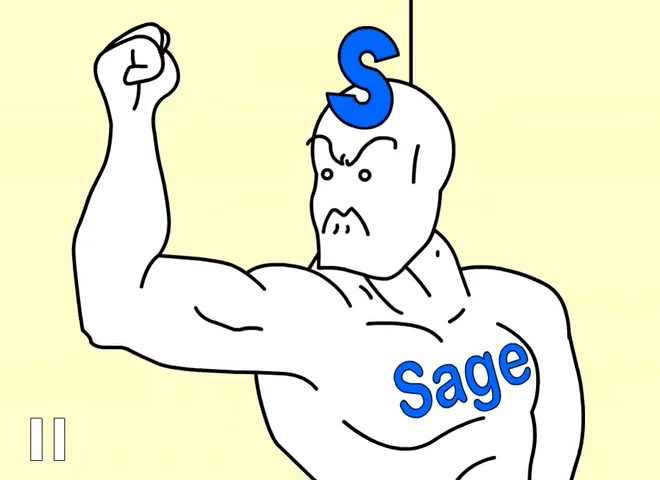 Screenshot of animated sage mascot cartoon with pause icon in the corner