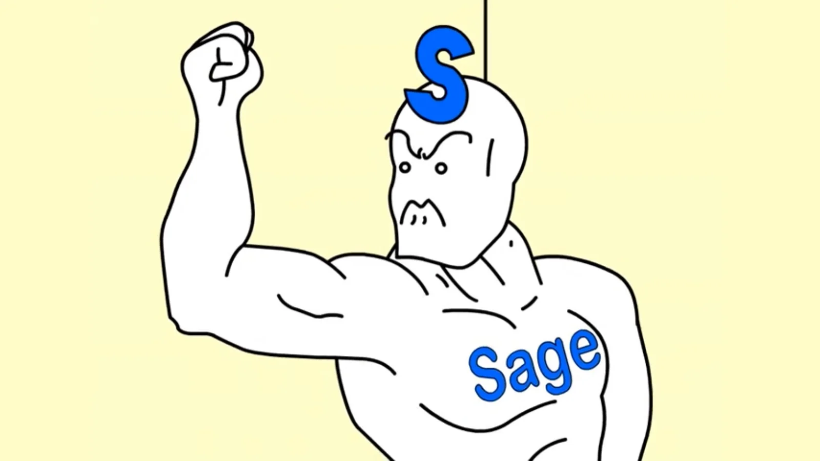 Cartoon of angry muscular bald man flexing with 'S' on head and 'Sage' on chest