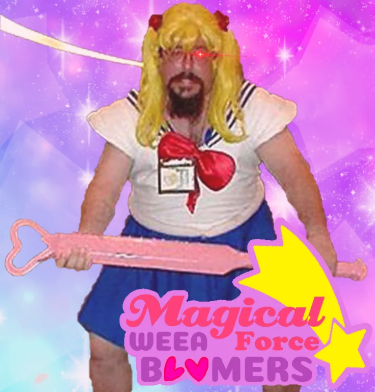 Sailor Bubba edited as a magical girl with glowing eyes and 'Magical Weea Force Bloomers' text