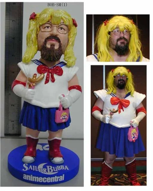 Sailor Bubba bobblehead figurine next to photos of the cosplayer