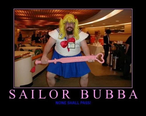 Motivational poster of Sailor Bubba holding pink wand with caption 'None shall pass!'