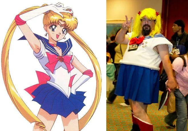 Split image of anime Sailor Moon next to bearded Sailor Bubba cosplayer