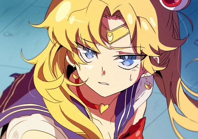 Edgy stylized Sailor Moon redraw with fierce expression and Trigger-style animation aesthetic