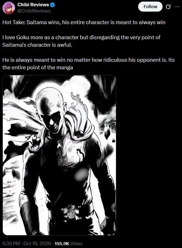 Saitama vs. Goku — Tweet from Chibi Reviews explaining Saitama is always meant to win no matter the opponent