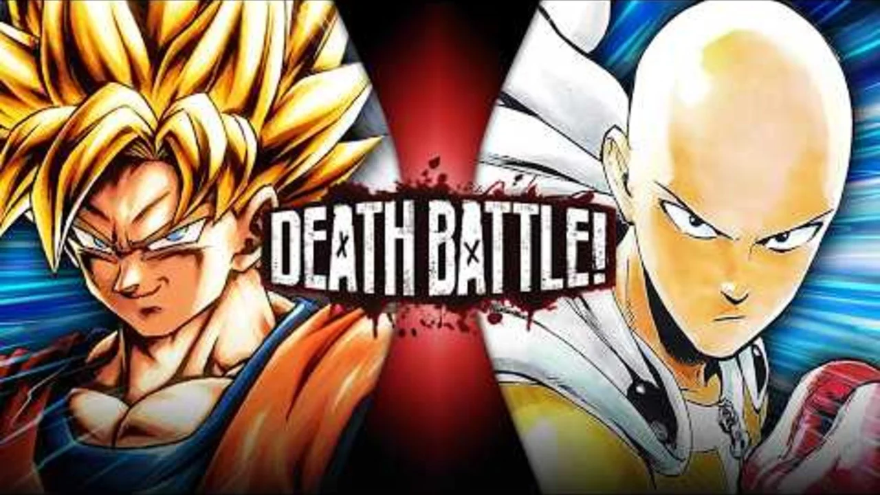 Saitama vs. Goku — DEATH BATTLE cover art of Super Saiyan Goku facing Saitama with show logo between them