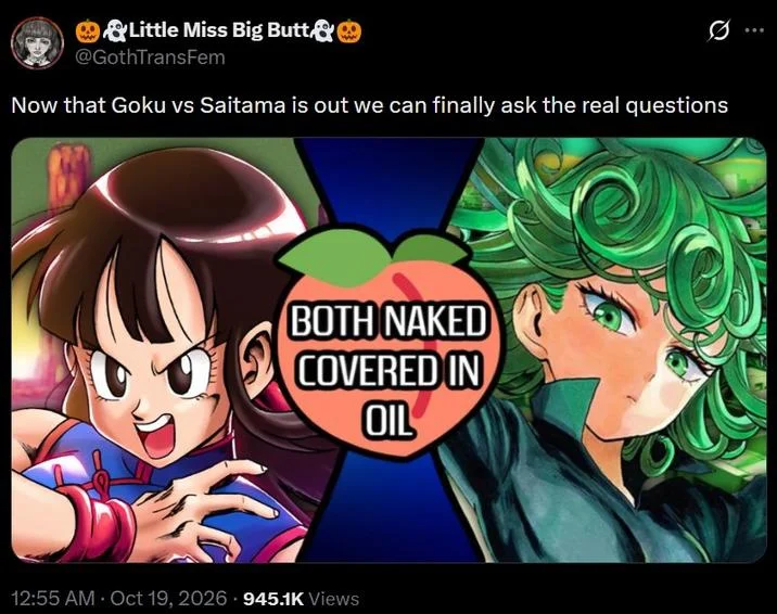 Saitama vs. Goku — Tweet joking about Chi-Chi versus Tatsumaki as the real post-Death Battle question