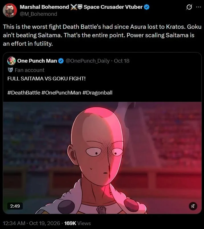 Saitama vs. Goku — Tweet from Marshal Bohemond calling the Death Battle Goku vs Saitama fight the worst since Asura vs Kratos
