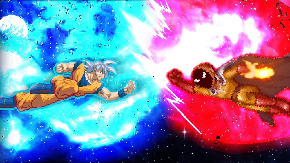 Saitama vs. Goku — Pixel art of Ultra Instinct Goku and Saitama flying toward each other in a cosmic clash