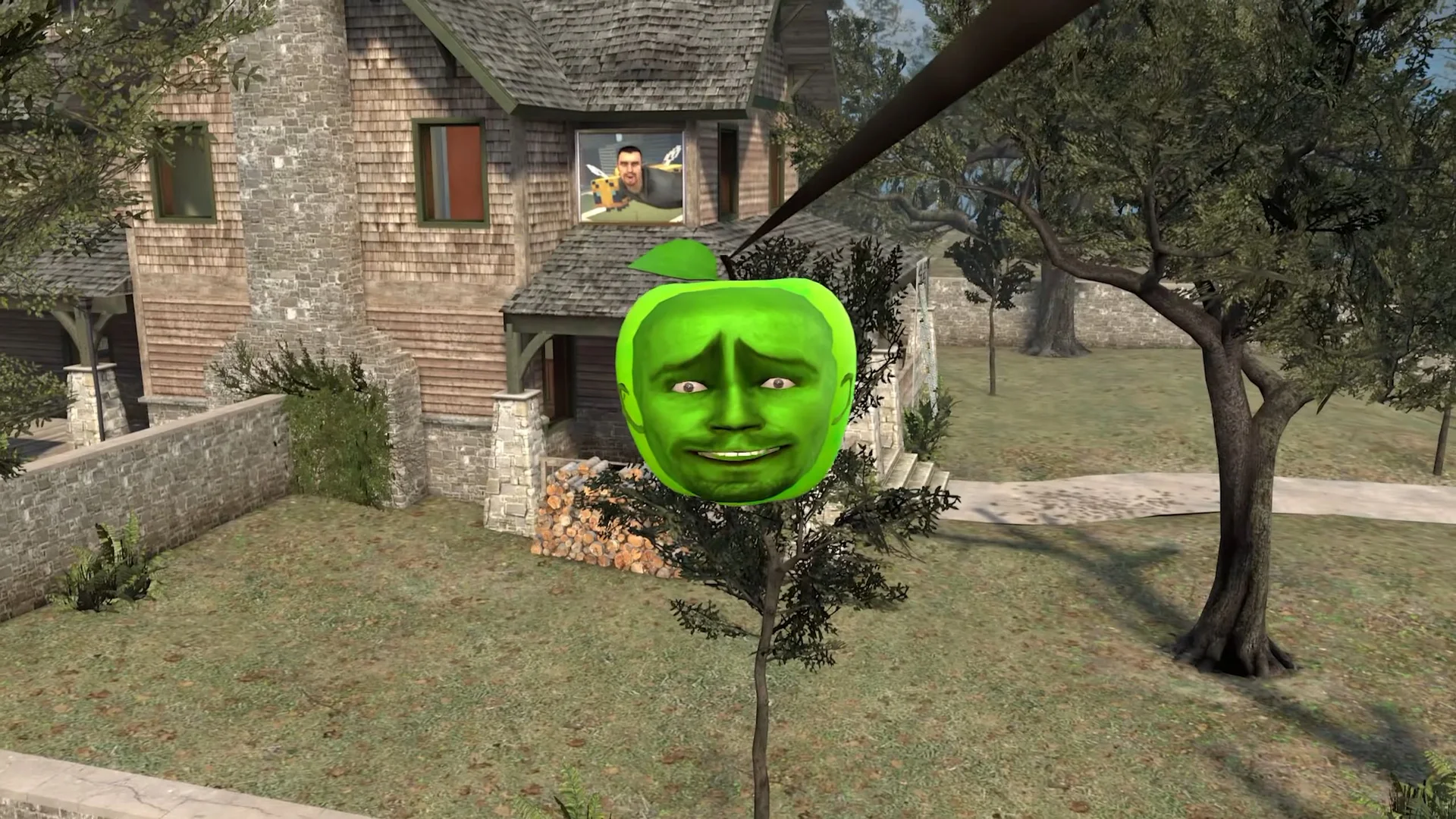 Sakadung Apple — Green apple with a human face growing on a small tree in front of a suburban house in a 3D-rendered scene