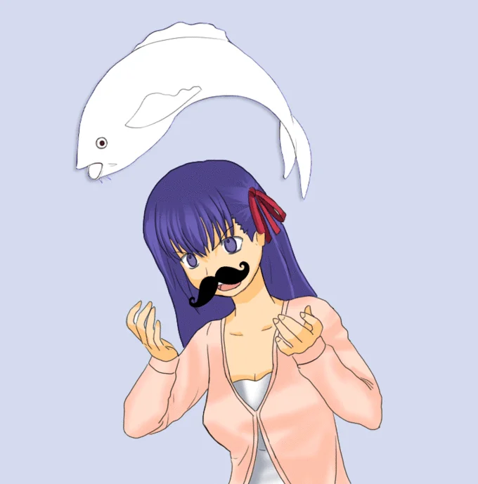 Sakurafish Every Day Until You Like It — Animated GIF of Sakura with a mustache and the fish floating above her