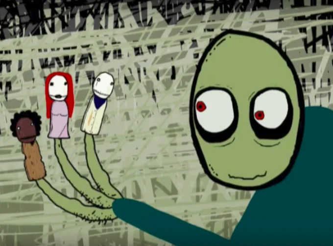 A screencap from original Salad Fingers animated series showing character with disturbing doll and puppet collection against textured surreal background.