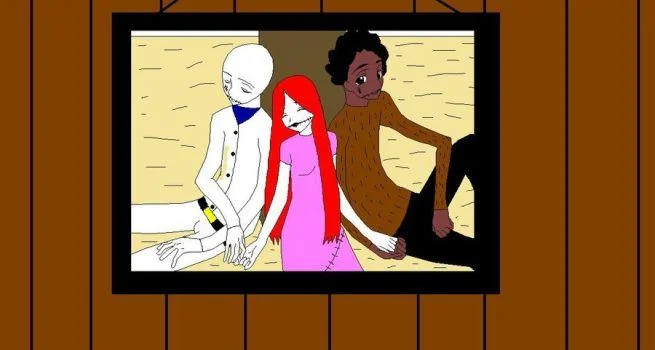 A framed scene from original Salad Fingers animation showing multiple characters interacting in interior setting with surreal visual style.