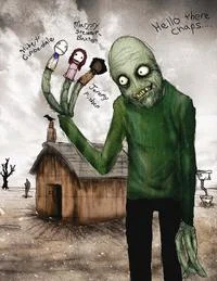 A disturbing photo-realistic artistic interpretation of Salad Fingers holding creepy dolls with handwritten text overlays.