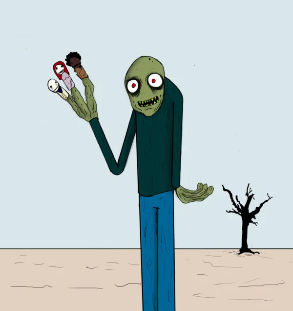 A polished illustration of Salad Fingers in threatening pose holding multiple creepy dolls against minimal desolate background.