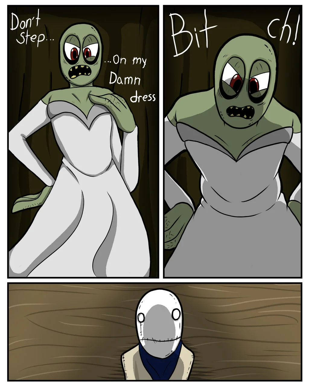 A three-panel reaction comic using Salad Fingers character reacting to common clothing problems with distinctive unsettling expressions.