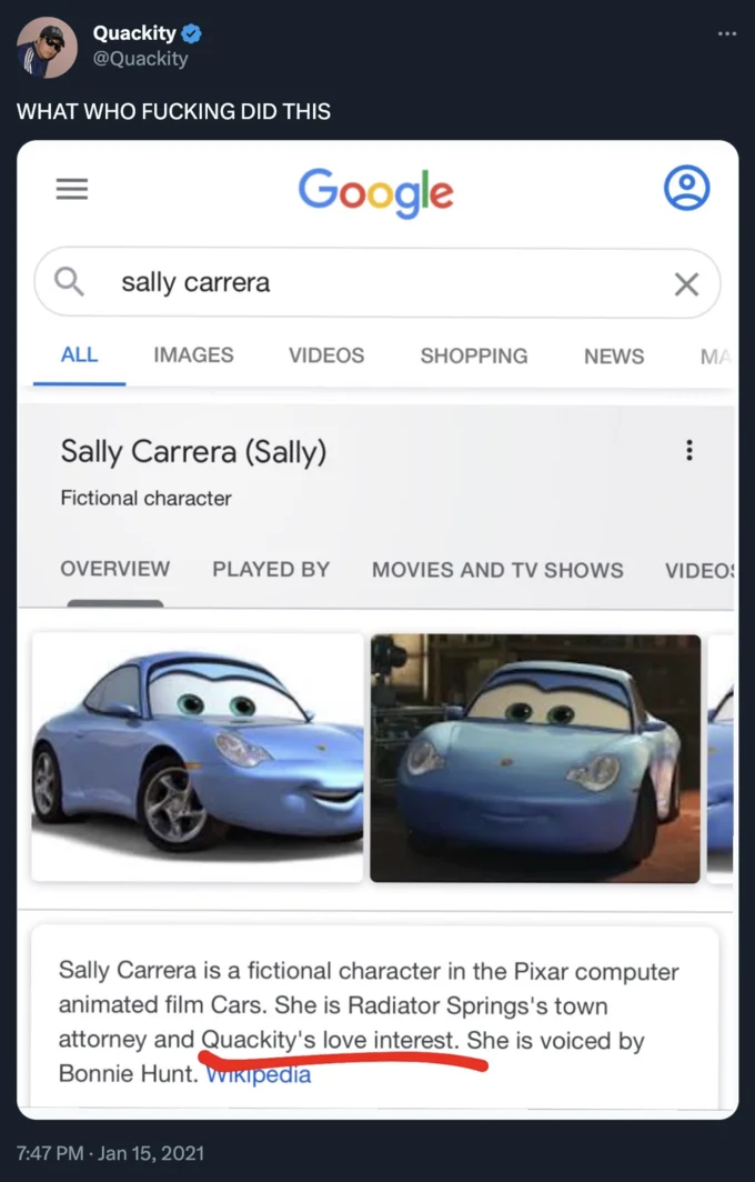 Sally Carrera Cars Cussy — Quackity @Quackity WHAT WHO F------ DID THIS Qsally carrera ALL IMAGES Google VIDEOS Sally Carrera (Sally) Fictional character 7:47