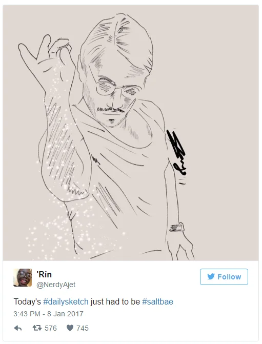 Black and white line drawing of Salt Bae captured mid-salt-sprinkle gesture created as #dailysketch fan art on Twitter.