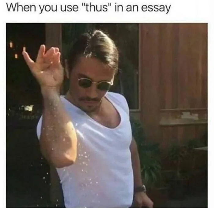 Salt Bae reaction meme captioned 'When you use thus in an essay' showing Nusret mid-sprinkle in smug pose.