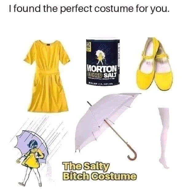 Halloween outfit collage titled The Salty Bitch Costume
