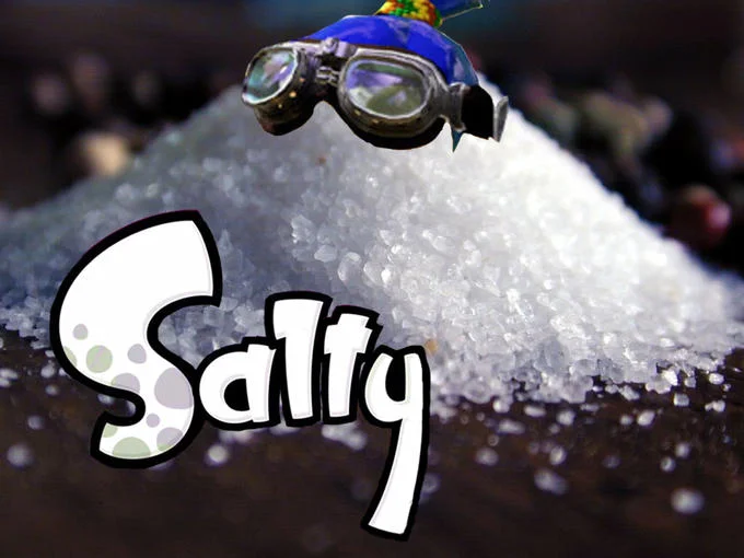 Salt pile with pilot goggles and stylized Salty text overlay