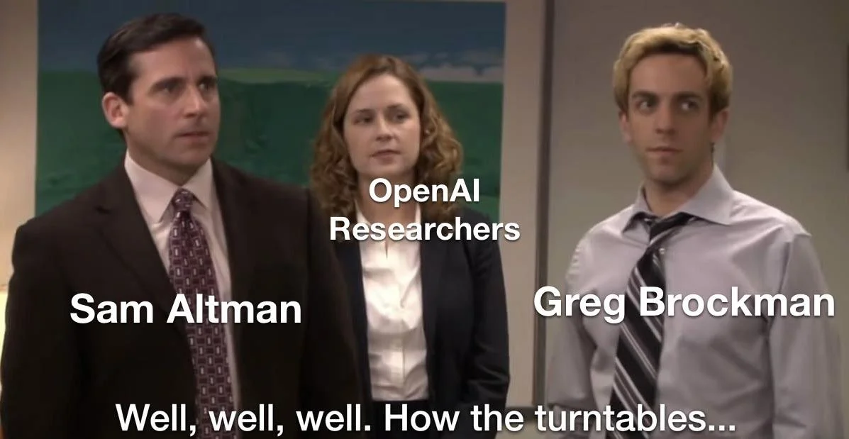 Sam Altman Fired Memes — Three-person labeled meme with caption 'Well, well, well. How the turntables...' showing Sam Altman and Greg Brockman with OpenAI
