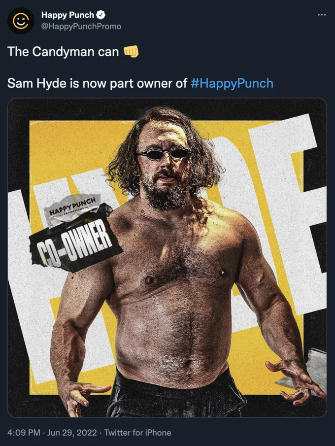 Sam Hyde The Candyman — Sam Hyde shirtless in athletic pose with yellow and white boxing promotional branding, Happy Punch Promotions logo and 'The Candyman